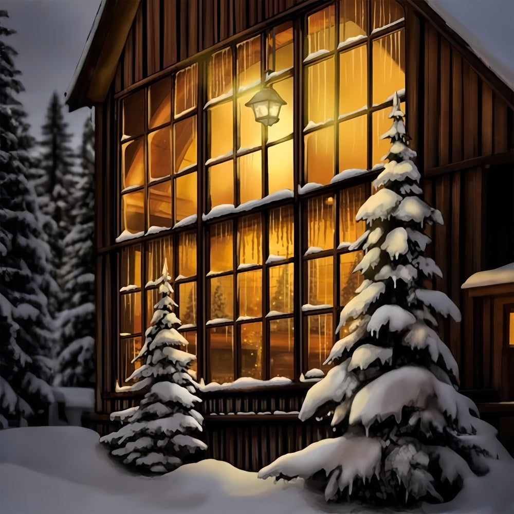 Winter Cozy Wooden House Glowing Windows Backdrop BRP10-56