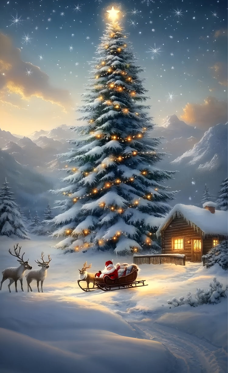 Christmas Santa Deer Sweep Snowy Tree Backdrop BRP10-562