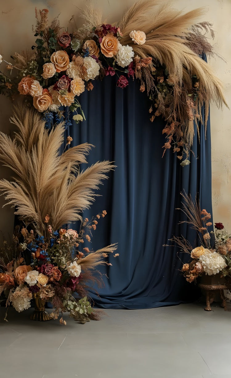 Bohemian Sweep Pampas Flower Blue Curtain Backdrop BRP10-570