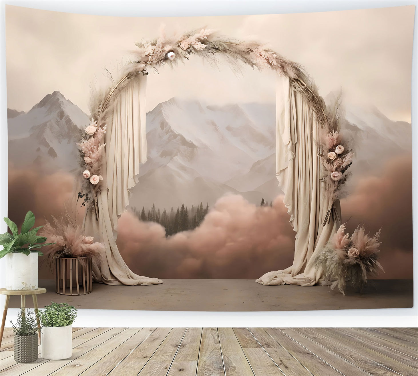 Boho Background Draped Arch Mountains Floral Backdrop BRP10-584