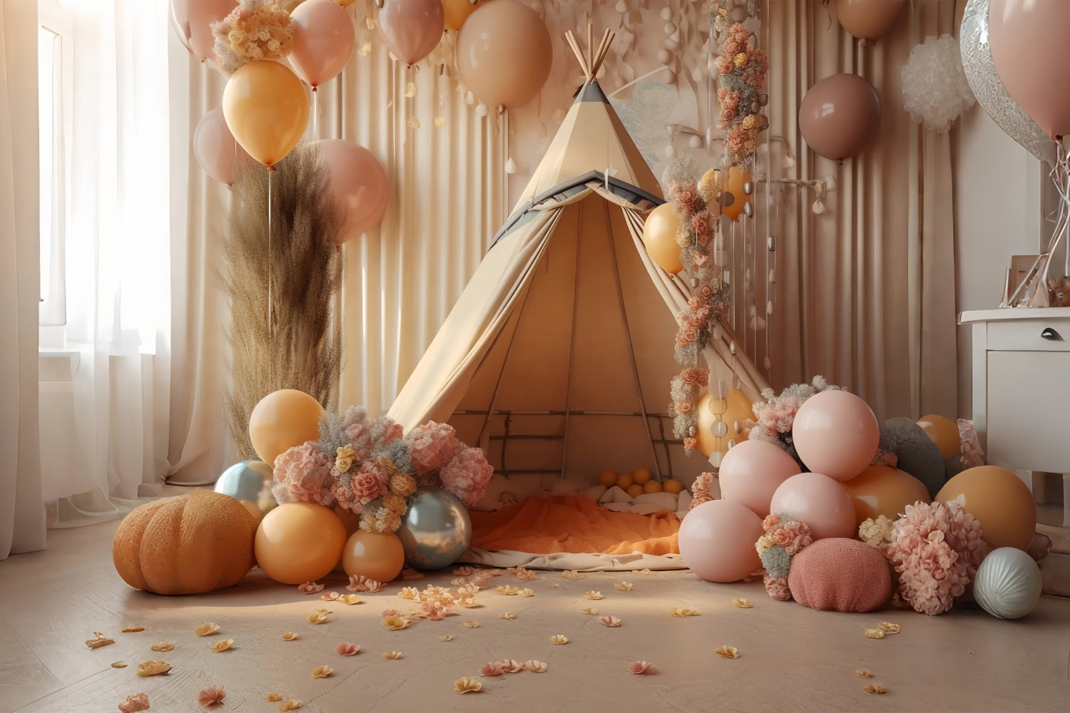 Bohemian Party Backdrops Balloon Floral Teepee Backdrop BRP10-599