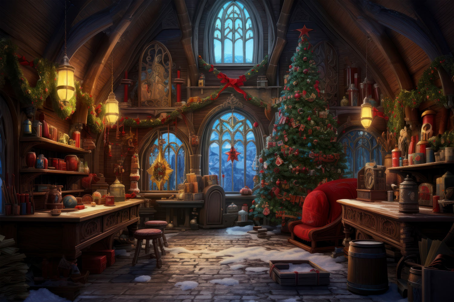 Christmas Room Backdrops Santa's Workshop Tree Backdrop BRP10-613