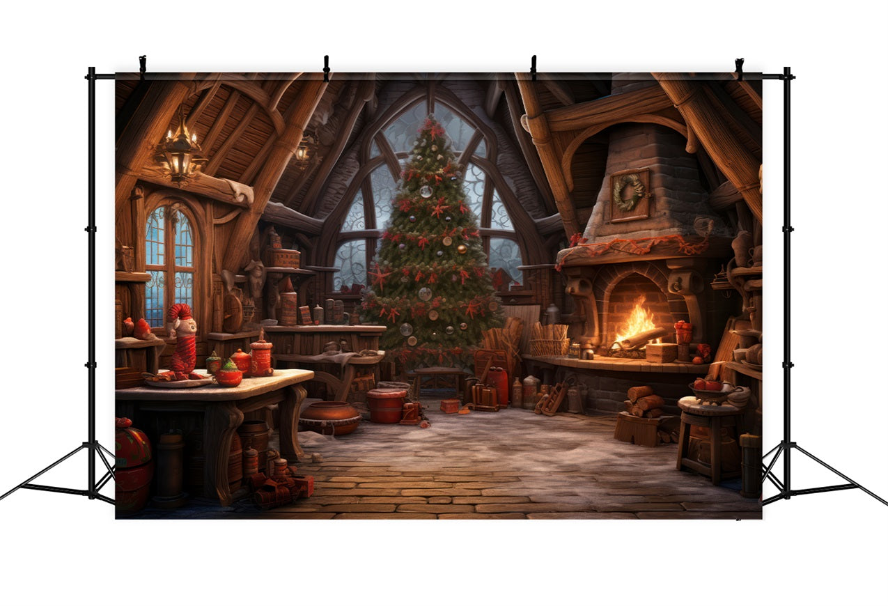 Christmas Fireplace Backdrop Tree Santa's Workshop Backdrop BRP10-614