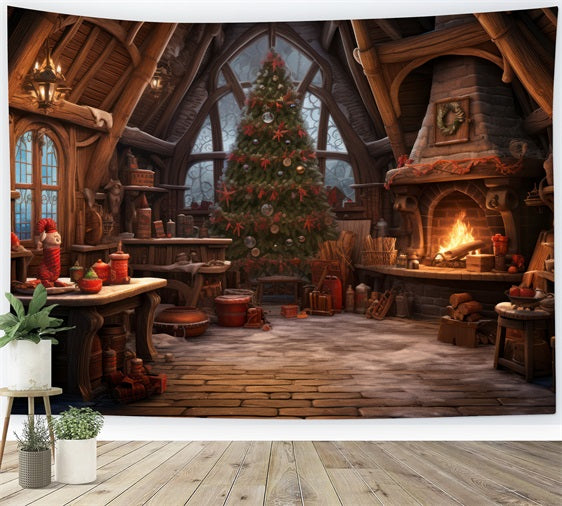 Christmas Fireplace Backdrop Tree Santa's Workshop Backdrop BRP10-614