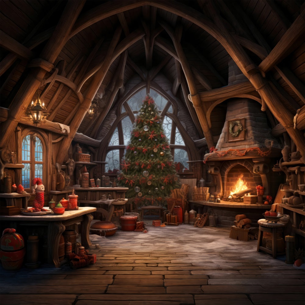 Christmas Fireplace Backdrop Tree Santa's Workshop Backdrop BRP10-614