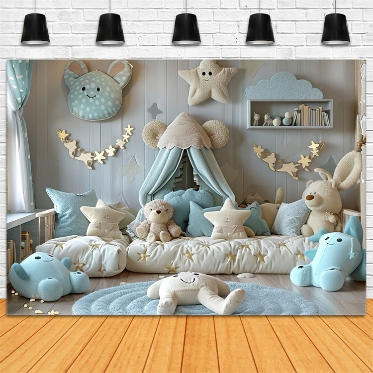 Cozy Starry Blue Teddy Bear Boho Backdrop BRP10-97