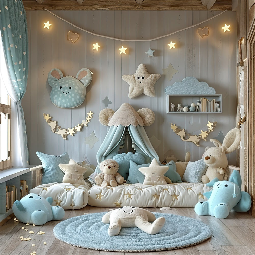 Cozy Starry Blue Teddy Bear Boho Backdrop BRP10-97