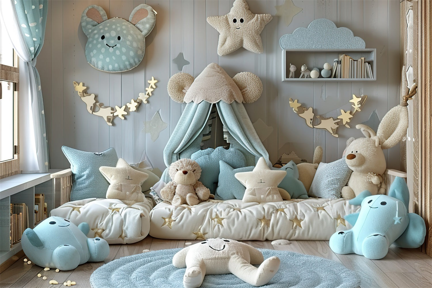 Cozy Starry Blue Teddy Bear Boho Backdrop BRP10-97