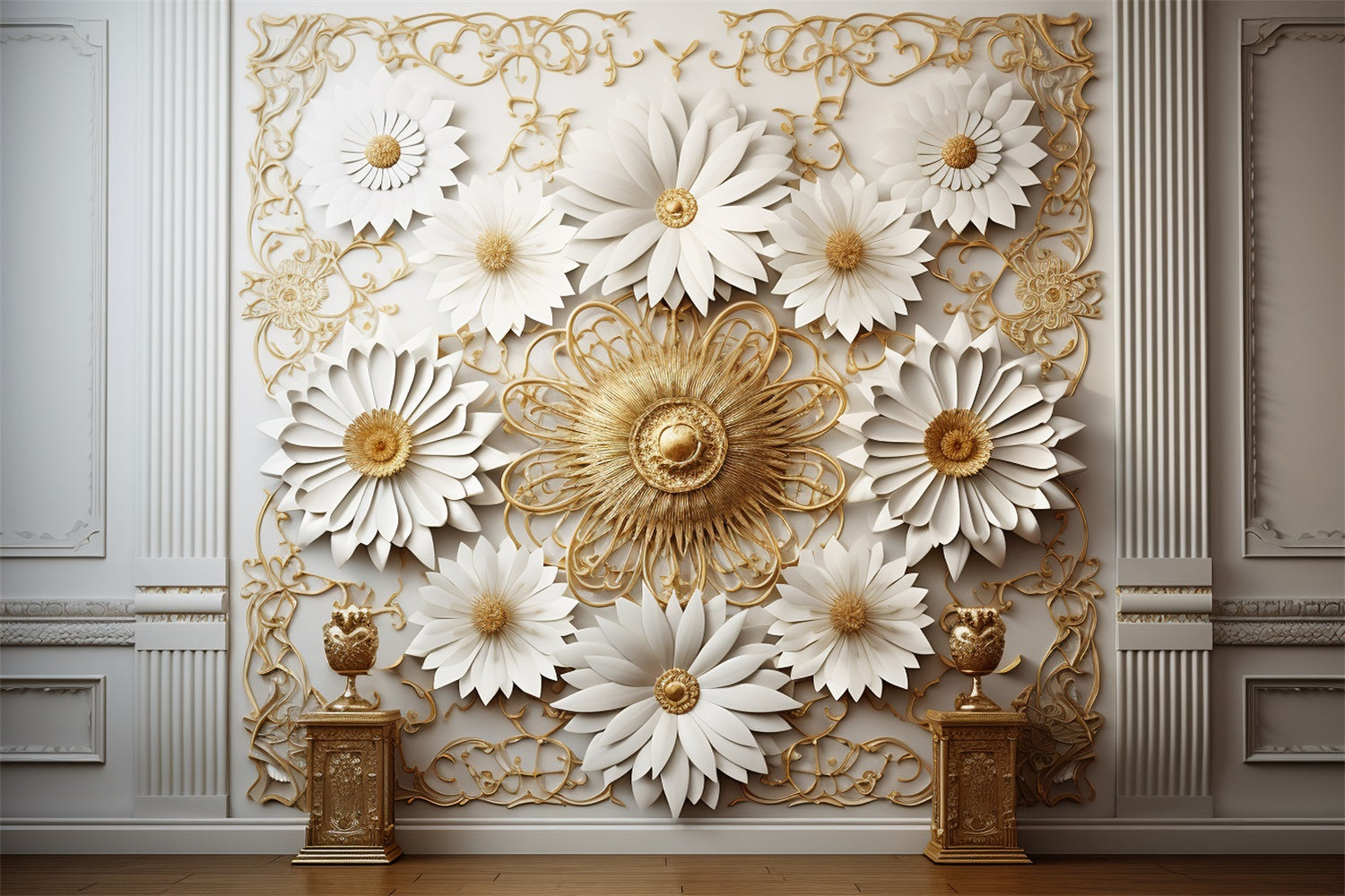 Boho Luxury White Gold Flower Wall Backdrop BRP10-98