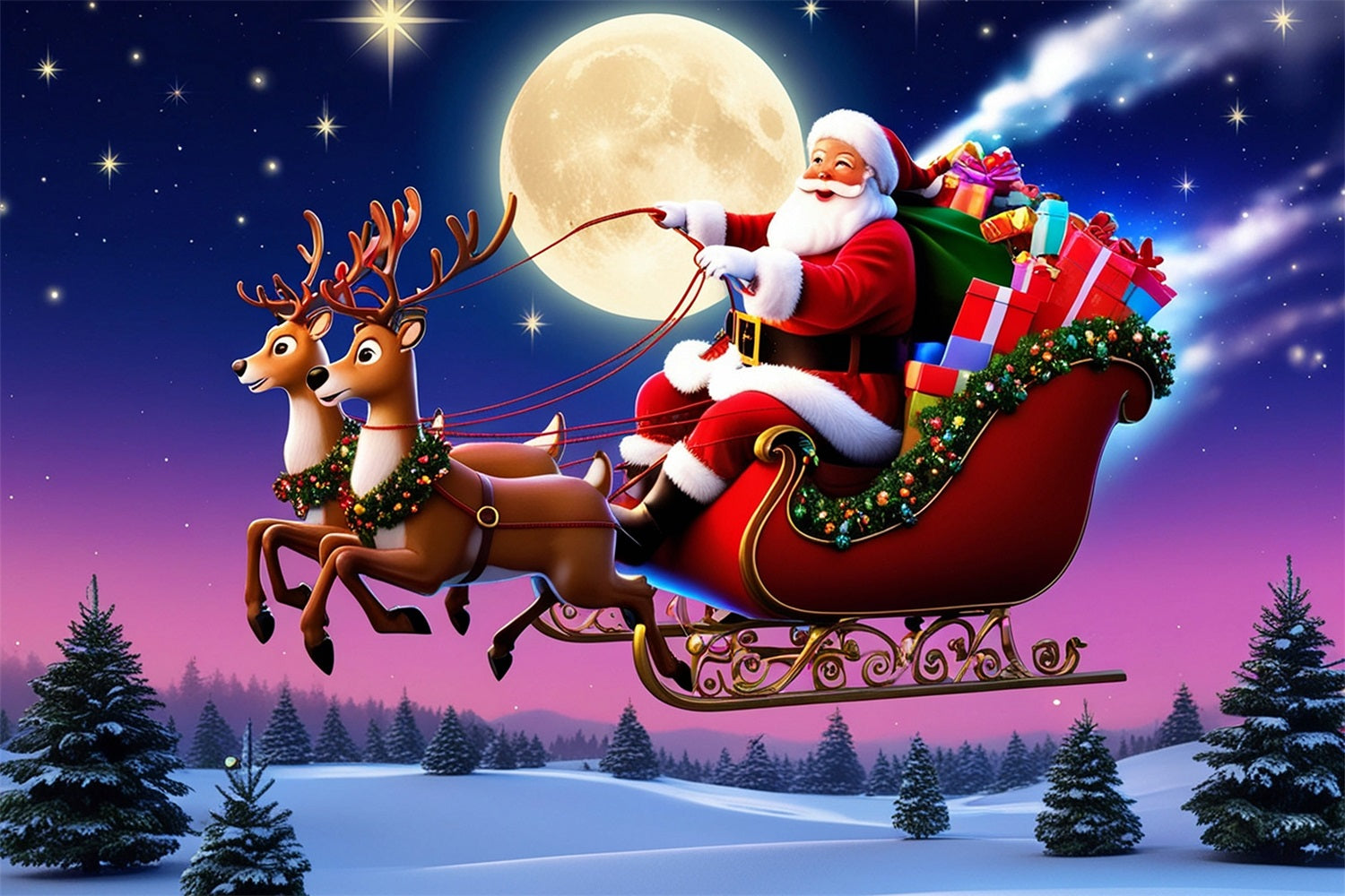 Christmas Picture Backdrop Santa's Moonlit Sleigh Ride Backdrop BRP11-113