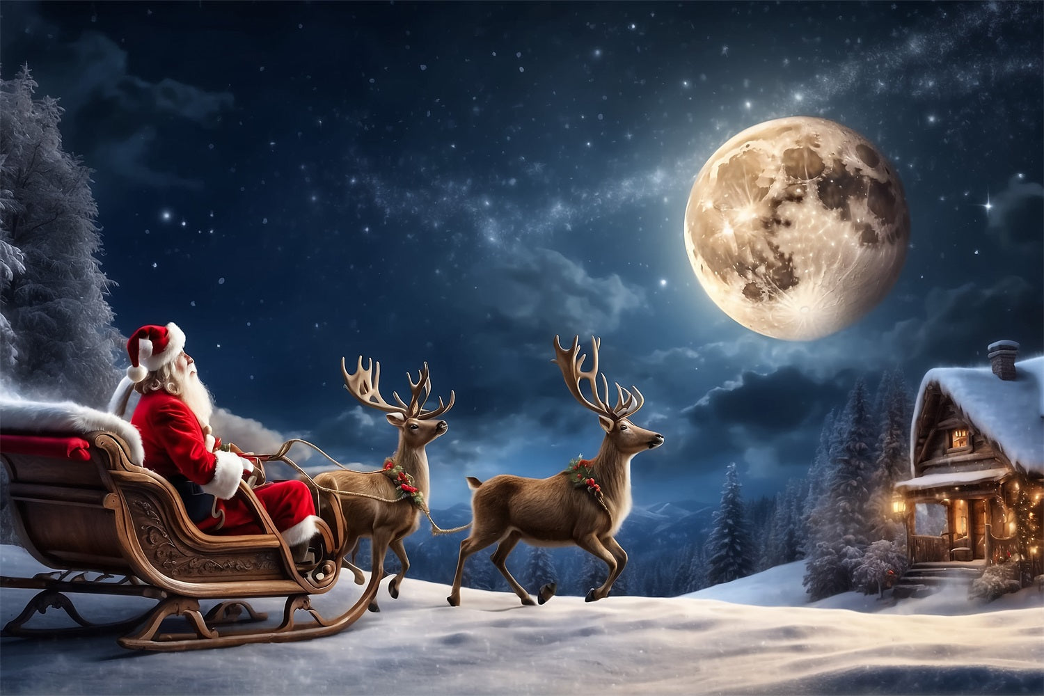 Fabric Christmas Backdrops Santa's Sleigh Moonlit Backdrop BRP11-119