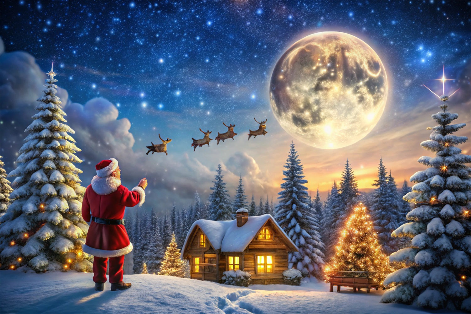 Christmas Fabric Backdrop Moonlit Cabin Santa Magic Backdrop BRP11-122