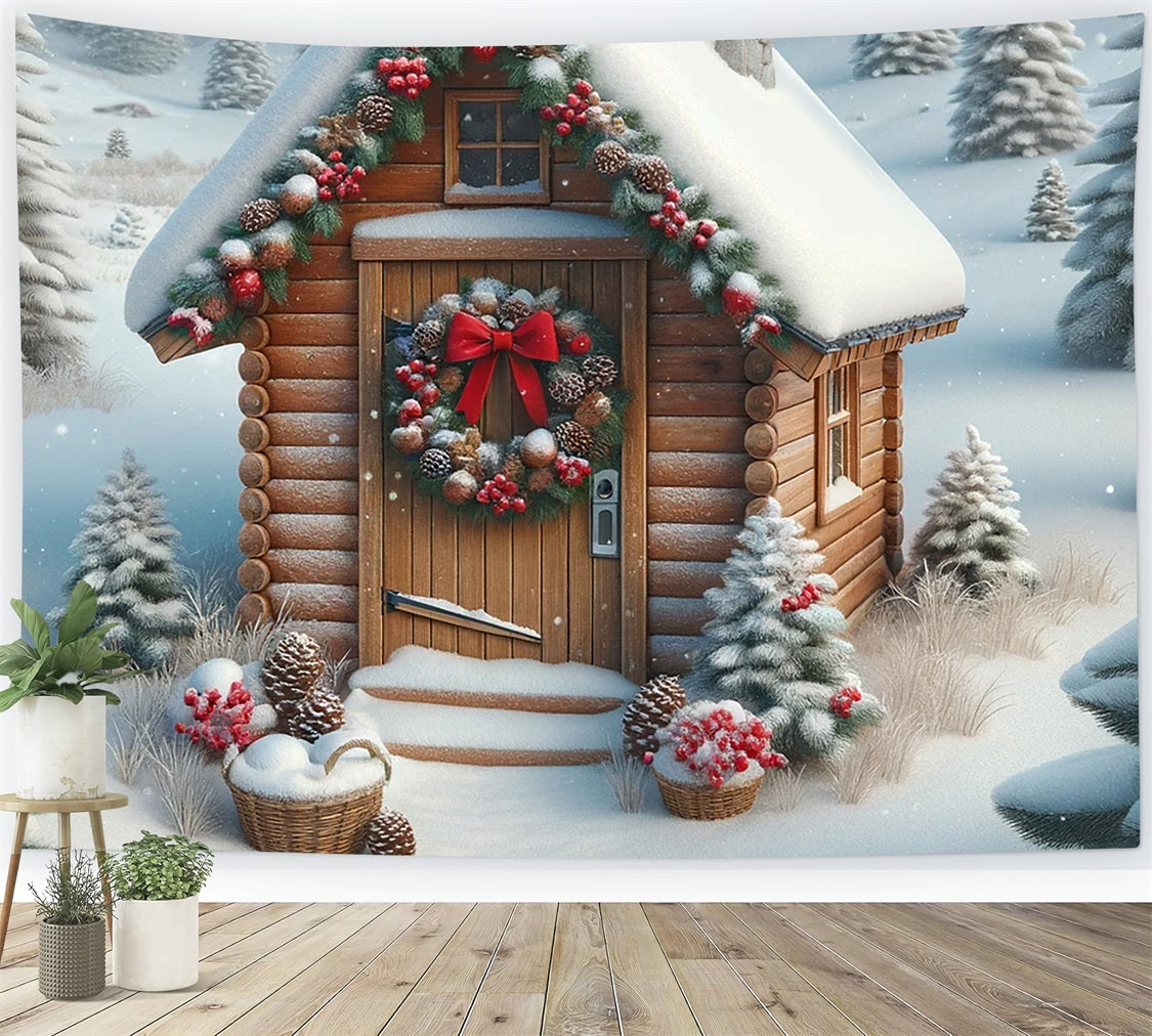 Backdrop Christmas Snow-Dusted Cabin Vibrant Wreath Backdrop BRP11-157