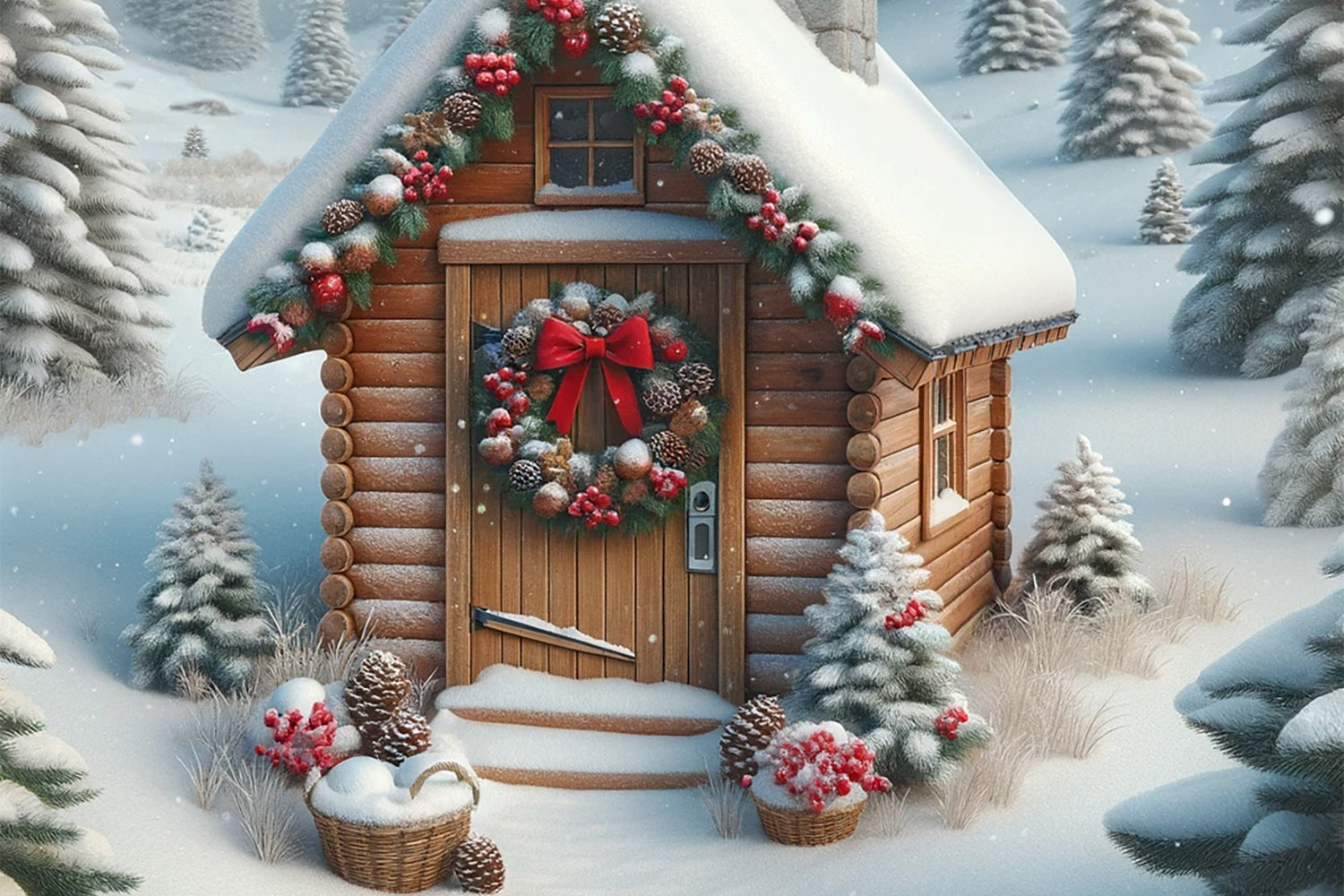 Backdrop Christmas Snow-Dusted Cabin Vibrant Wreath Backdrop BRP11-157