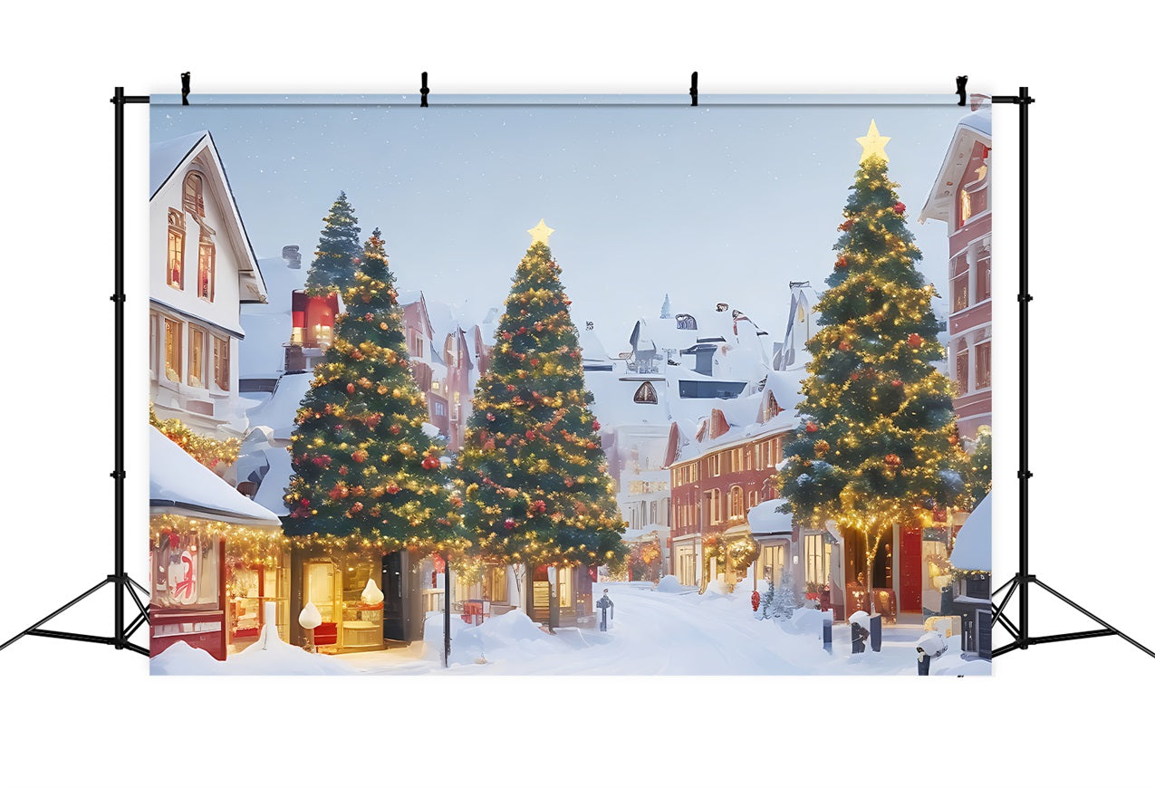 Christmas Village Backdrop Snowy Scene Lit Trees Backdrop BRP11-166