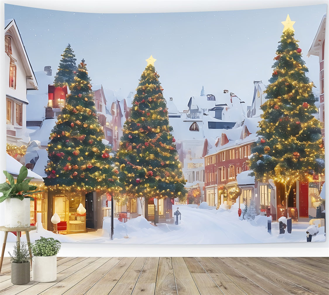 Christmas Village Backdrop Snowy Scene Lit Trees Backdrop BRP11-166