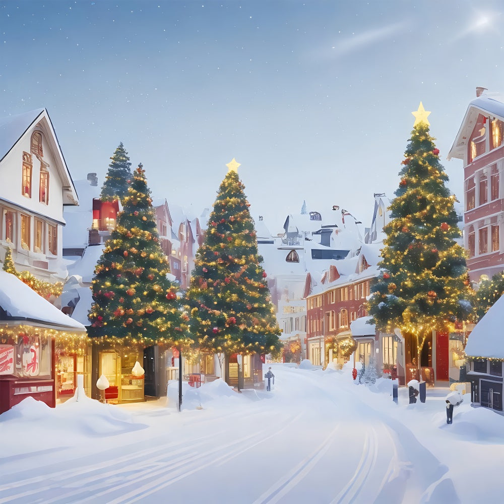 Christmas Village Backdrop Snowy Scene Lit Trees Backdrop BRP11-166