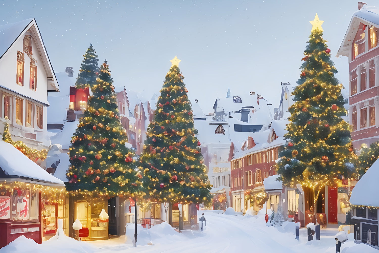 Christmas Village Backdrop Snowy Scene Lit Trees Backdrop BRP11-166