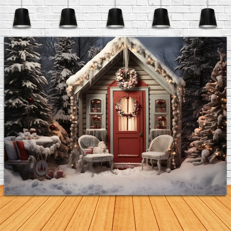 Christmas Backdrop Snowy Cottage Front Porch Backdrop BRP11-169