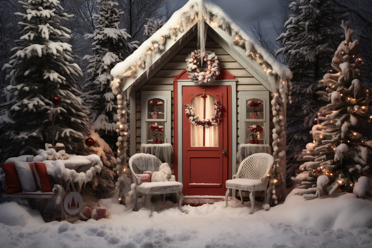 Christmas Backdrop Snowy Cottage Front Porch Backdrop BRP11-169