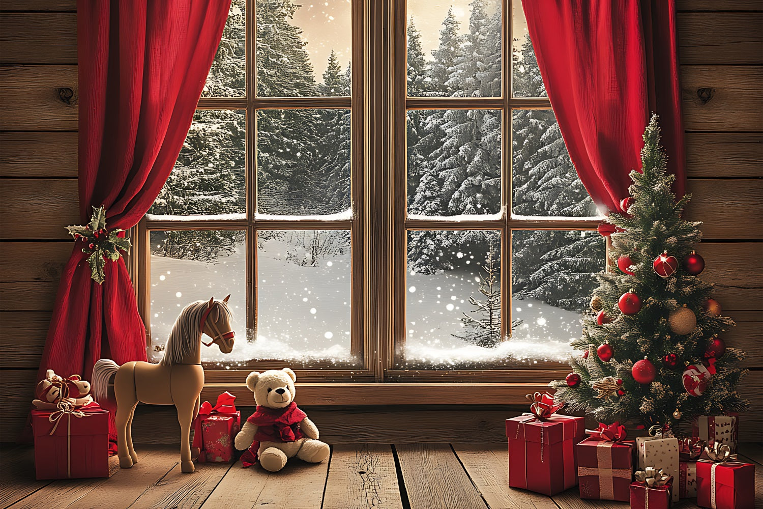 Christmas Theme Backdrop Cabin View Through Window Backdrop BRP11-176