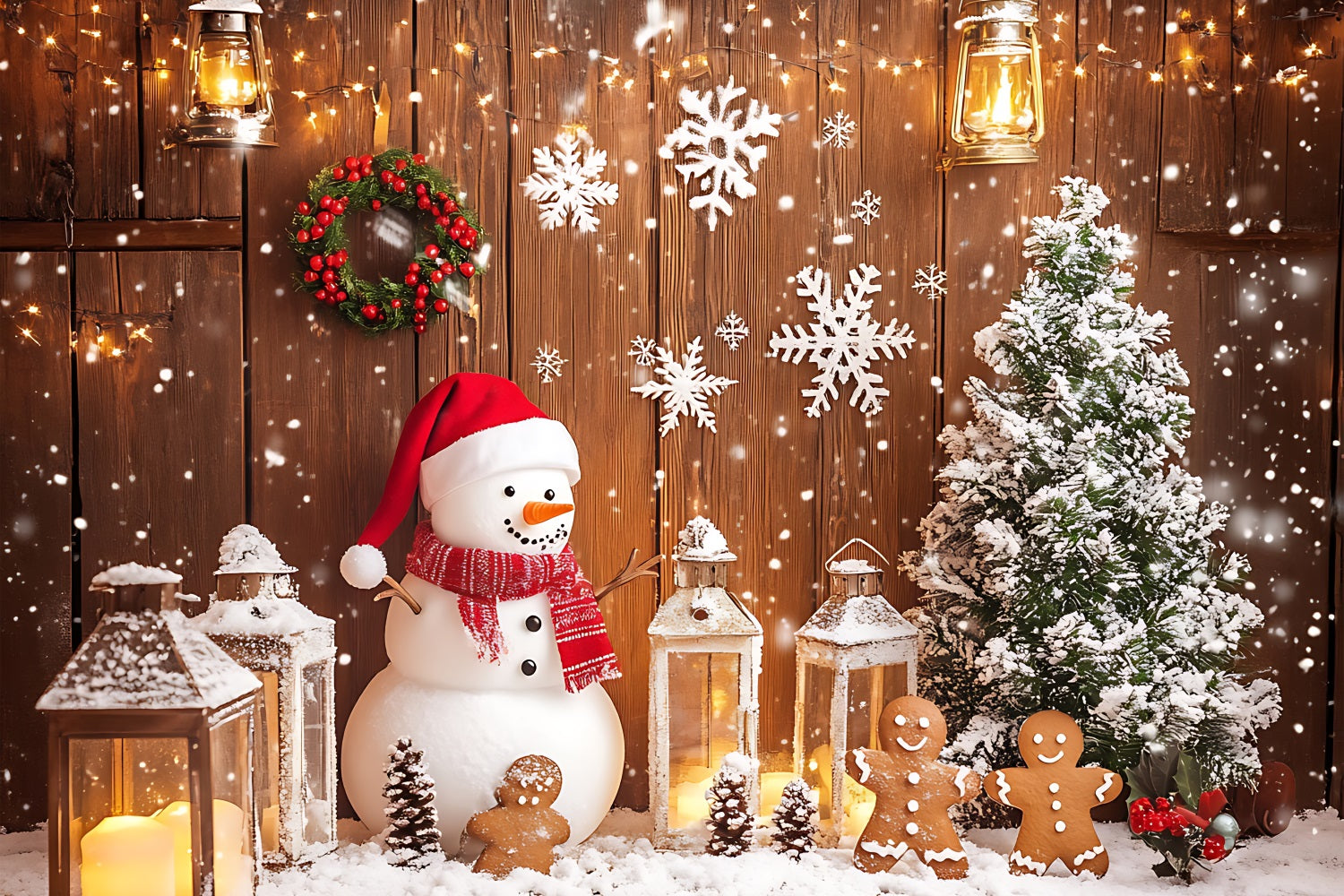 Merry Christmas Photo Backdrop Lantern Snowman Tree Backdrop BRP11-177