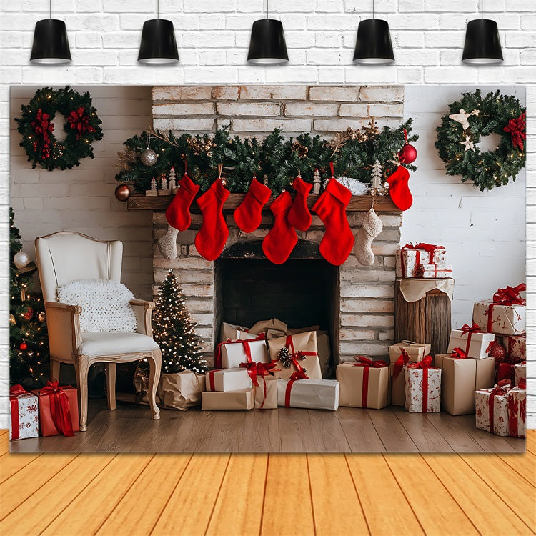 Christmas Fireplace Backdrop Stockings Decor Backdrop BRP11-180