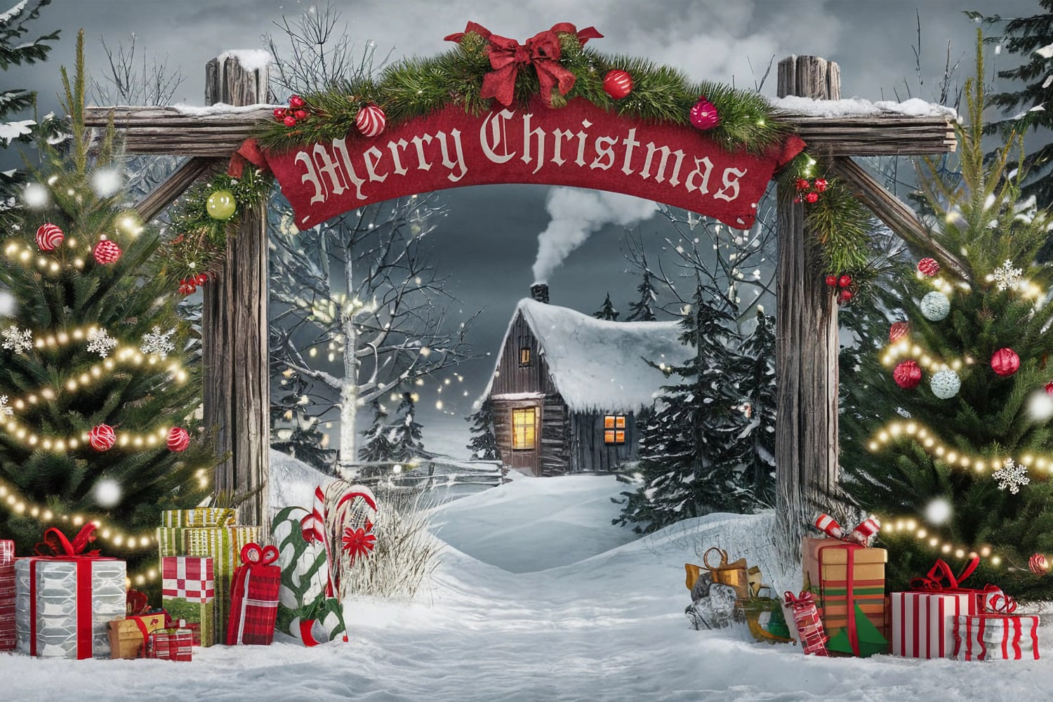 Merry Christmas Backdrop Gateway Cabin Scene Backdrop BRP11-181