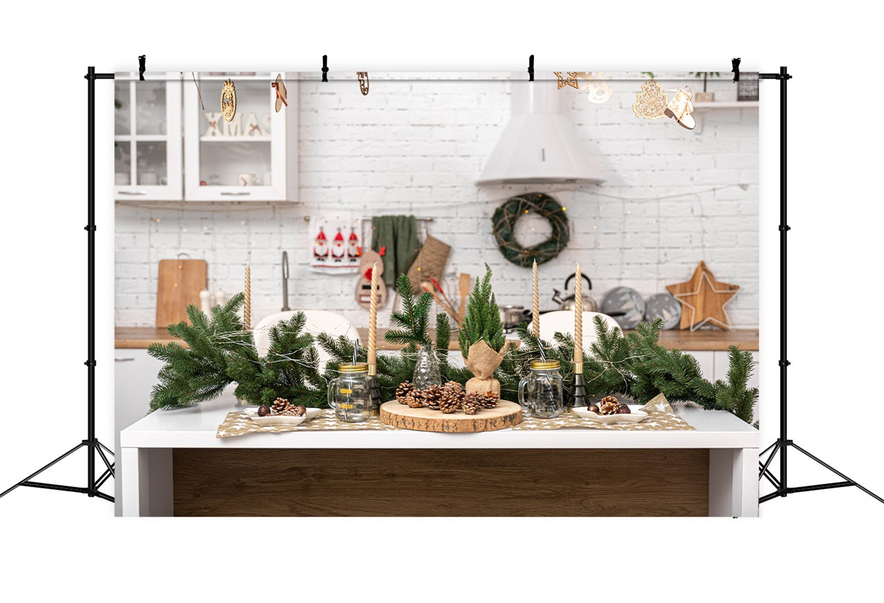 Christmas Photo Backdrop Kitchen Island Pinecones Candles Backdrop BRP11-185