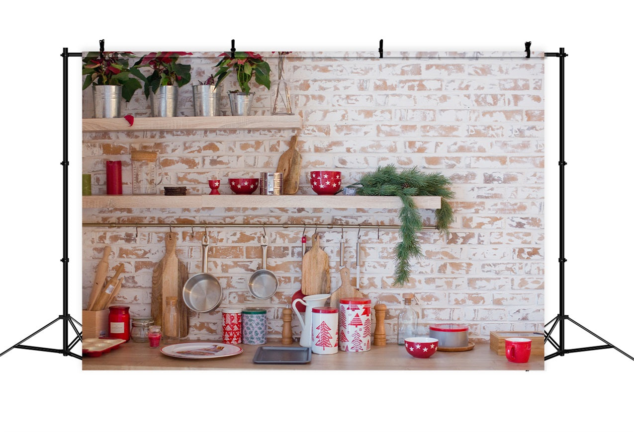 Christmas Kitchen Photography Backdrop Brick Wall Decor Backdrop BRP11-187