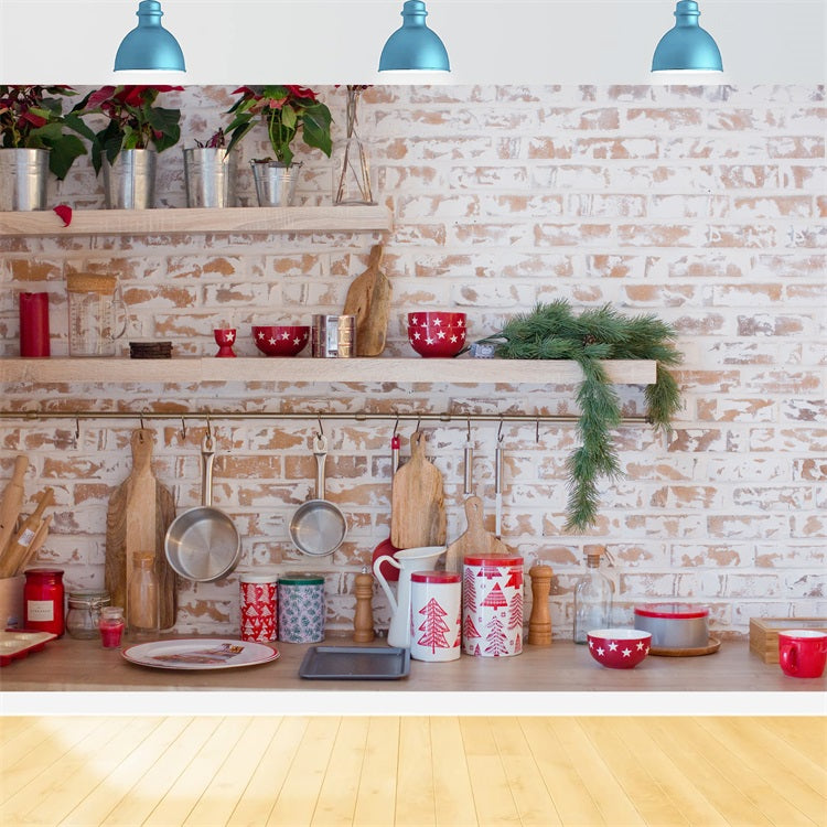 Christmas Kitchen Photography Backdrop Brick Wall Decor Backdrop BRP11-187