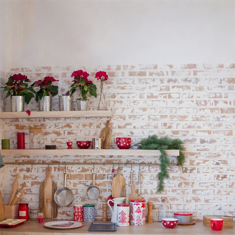 Christmas Kitchen Photography Backdrop Brick Wall Decor Backdrop BRP11-187