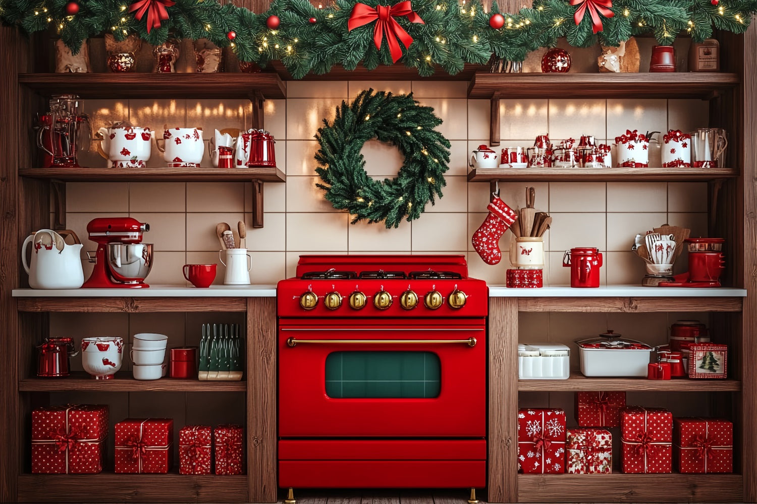 Christmas Backdrop Ideas Vintage Kitchen Stove Wreath Backdrop BRP11-191