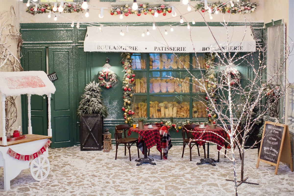 Christmas Tree Backdrops Snow-Covered Boulangerie Lights Backdrop BRP11-201