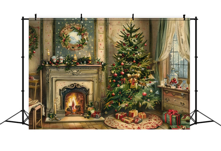 Fireplace Backdrop Christmas Tree Wreath Scene Backdrop BRP11-211