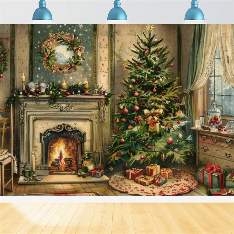 Fireplace Backdrop Christmas Tree Wreath Scene Backdrop BRP11-211