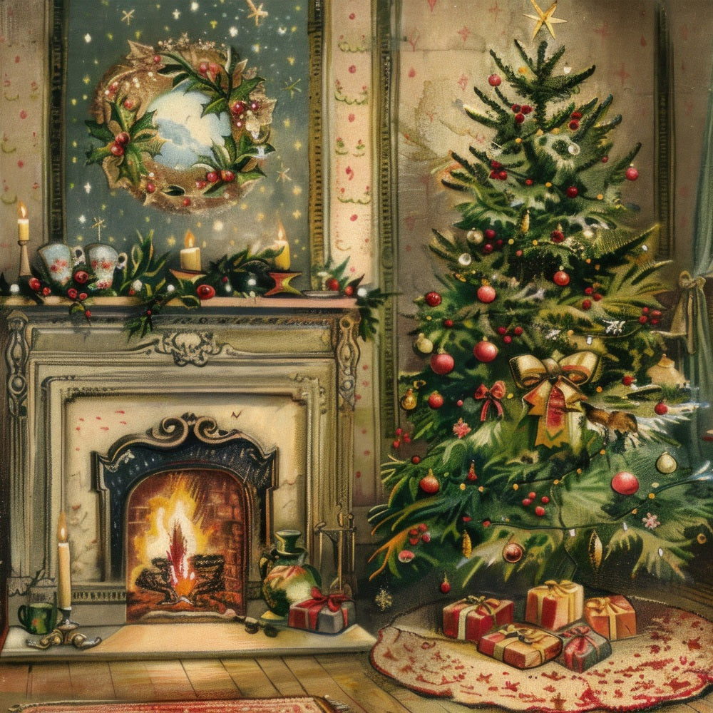 Fireplace Backdrop Christmas Tree Wreath Scene Backdrop BRP11-211