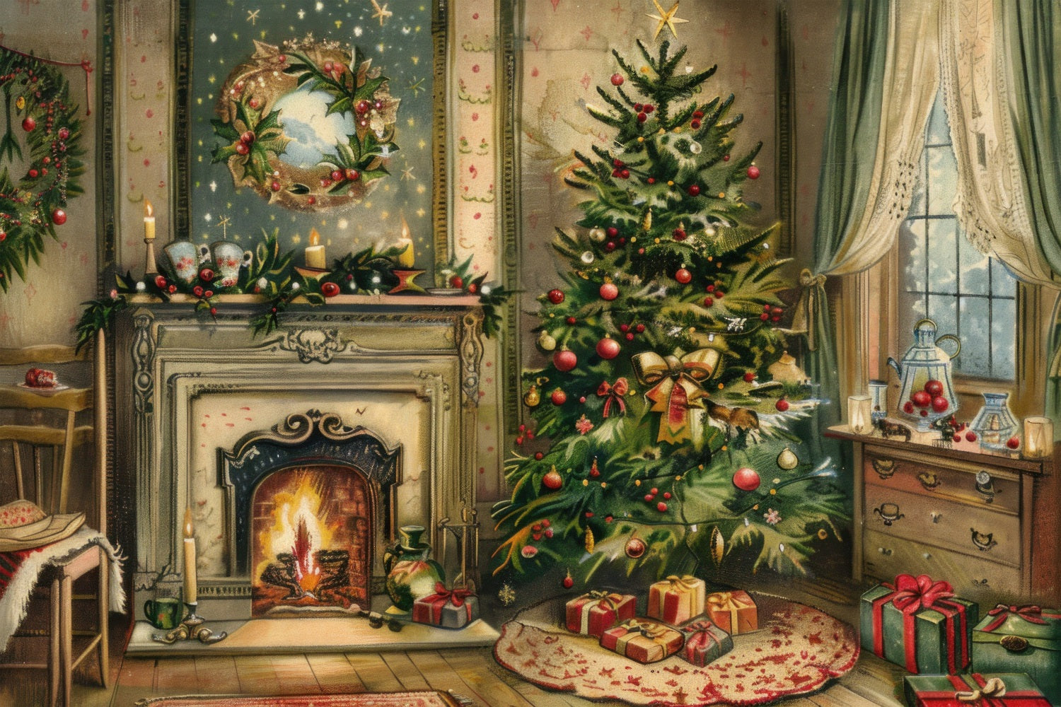 Fireplace Backdrop Christmas Tree Wreath Scene Backdrop BRP11-211