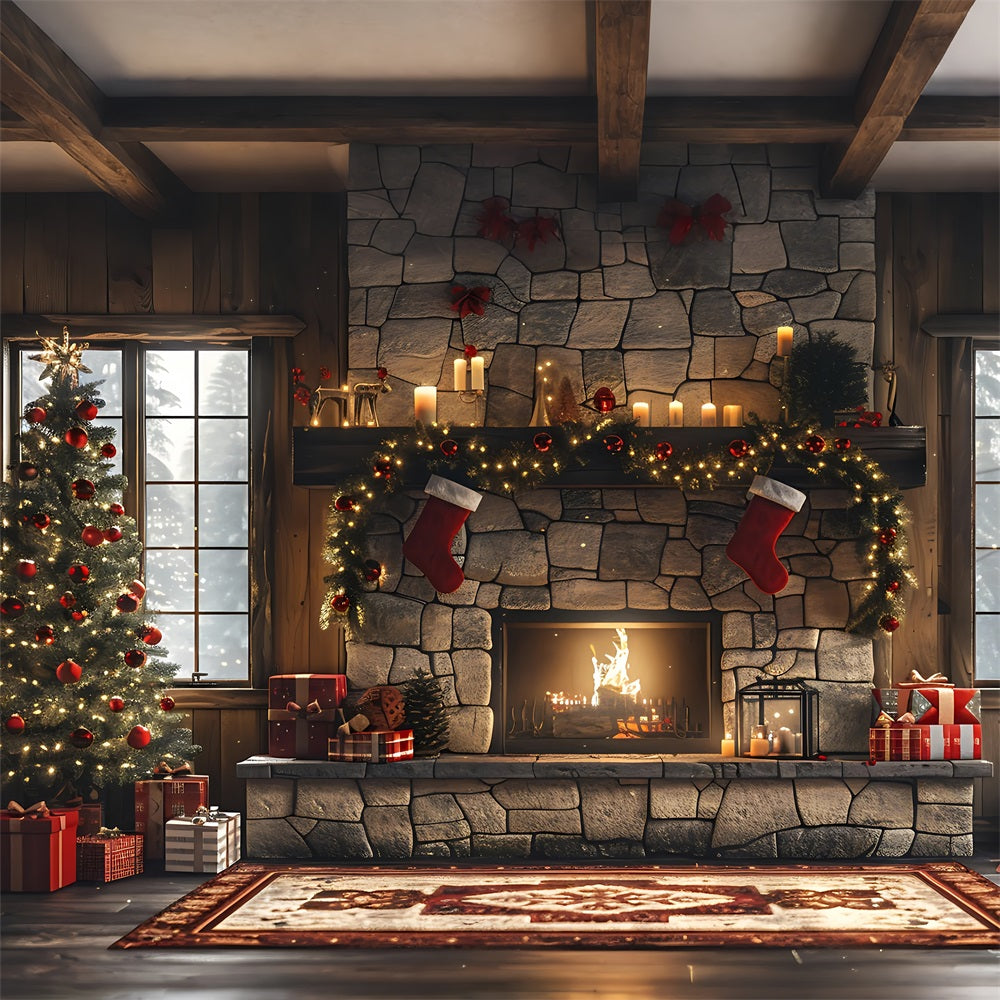 Fireplace Christmas Backdrop Festive Garland Tree Backdrop BRP11-212