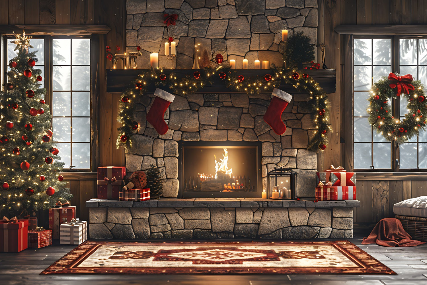 Fireplace Christmas Backdrop Festive Garland Tree Backdrop BRP11-212