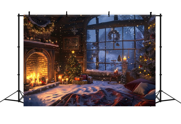 Christmas Fireplace Photo Backdrop Candle-Lit Winter Window Backdrop BRP11-213