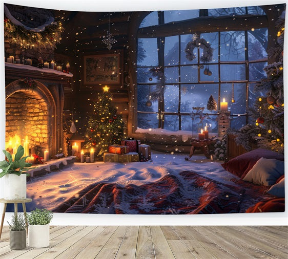 Christmas Fireplace Photo Backdrop Candle-Lit Winter Window Backdrop BRP11-213