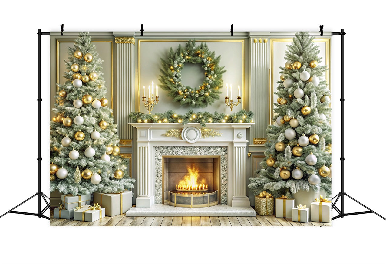 Christmas Fireplace Backdrops Golden Festive Trees Backdrop BRP11-214