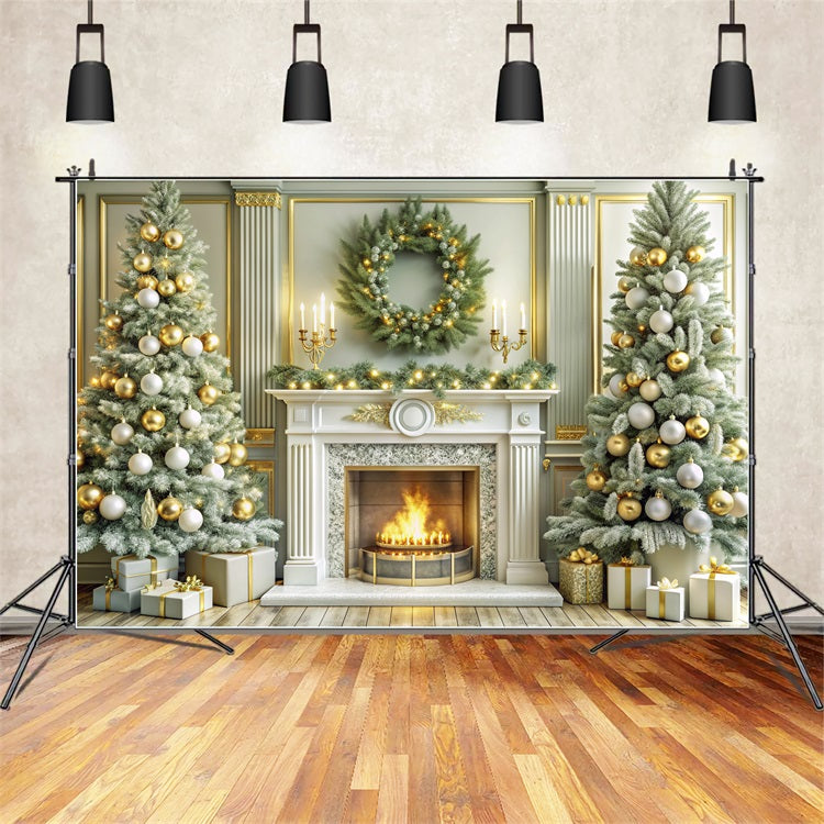 Christmas Fireplace Backdrops Golden Festive Trees Backdrop BRP11-214