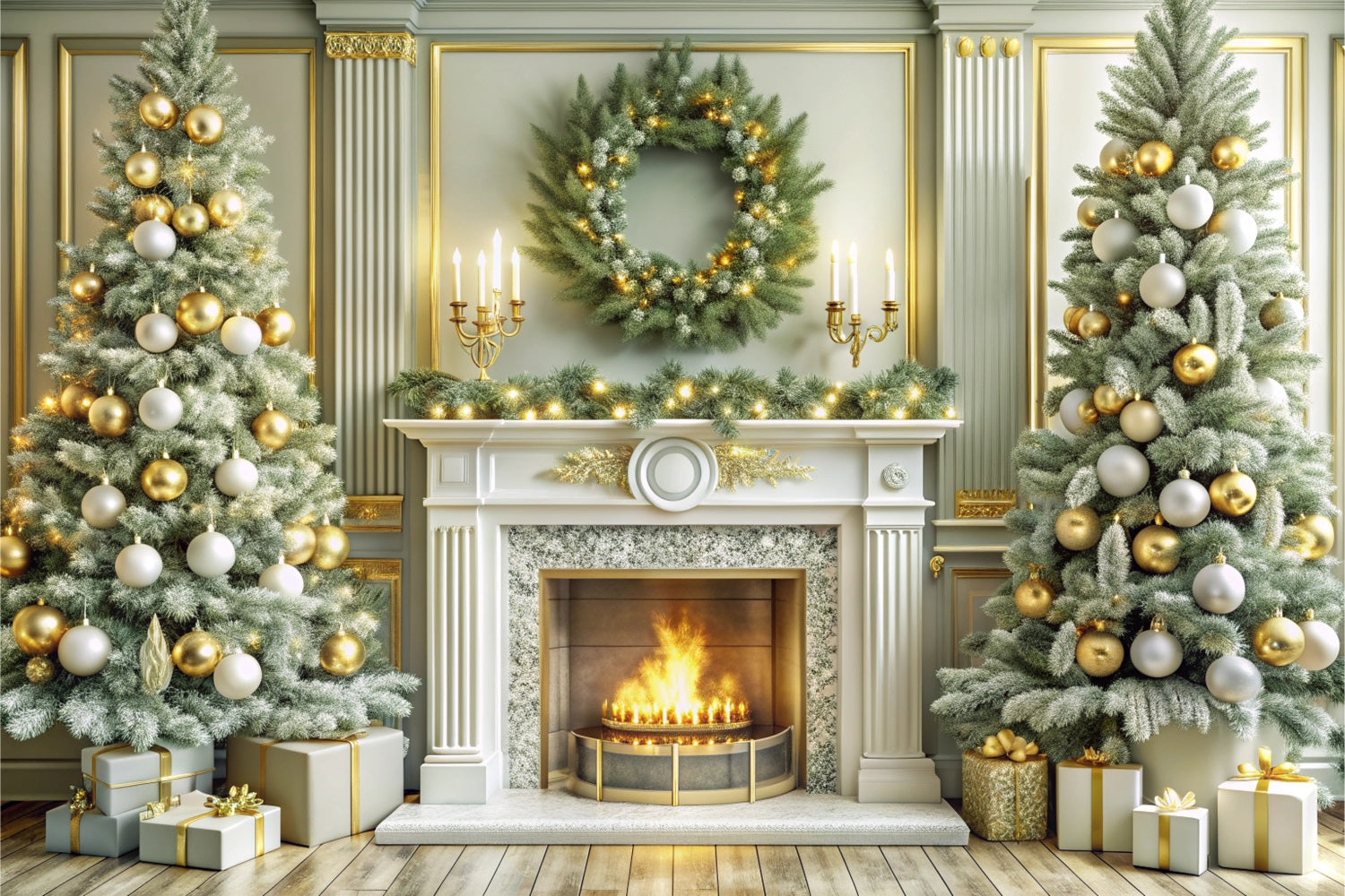 Christmas Fireplace Backdrops Golden Festive Trees Backdrop BRP11-214