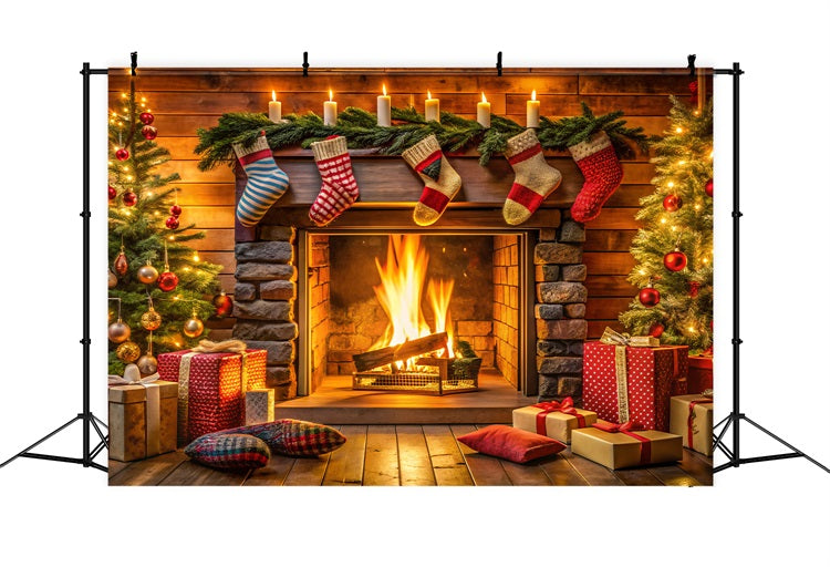 Christmas Backdrop With Fireplace Stockings Decor Backdrop BRP11-216