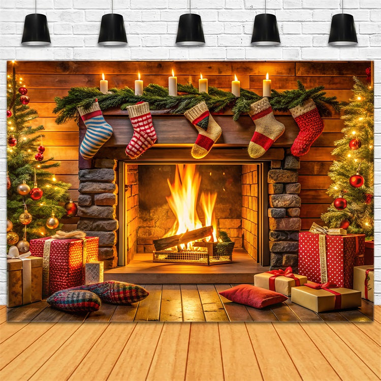 Christmas Backdrop With Fireplace Stockings Decor Backdrop BRP11-216