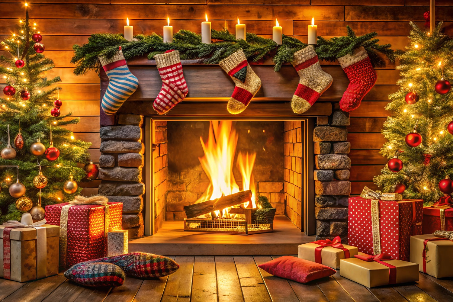 Christmas Backdrop With Fireplace Stockings Decor Backdrop BRP11-216