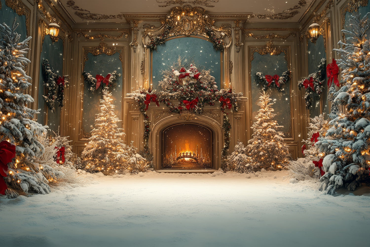 Christmas Fireplace Backdrop Trees Snowy Ballroom Backdrop BRP11-217