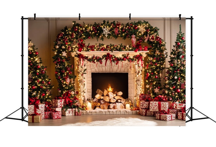 Fireplace Christmas Photography Backdrop Garland Ornaments Backdrop BRP11-220